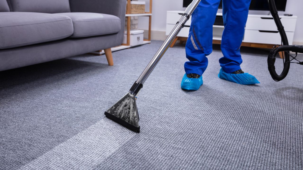 professional cleaning company vacuuming carpet